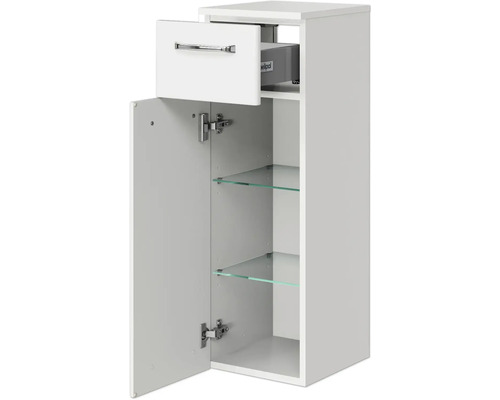 Weißer Badezimmer-Hängeschrank mit Schublade, Tür und Glasböden