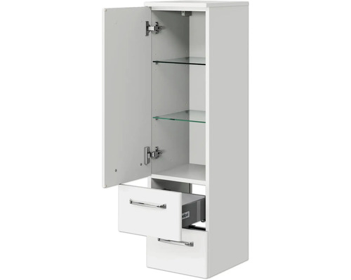 Weißer Bad-Hängeschrank mit offener Tür, Schubladen und Glasböden.