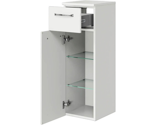 Weißer Bad-Hängeschrank mit Schublade und Glasböden