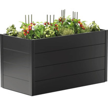 Hochbeet aus Metall mit Pflanzen, Tomaten und Pflanzstäben