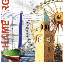 Collage mit Wahrzeichen von Hamburg, darunter Hafen, Kirchturm und Riesenrad