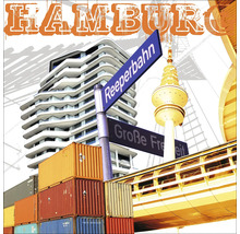 Collage mit Hamburger Sehenswürdigkeiten wie Reeperbahn, Fernsehturm und Containerstapeln