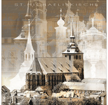 Illustration der St. Michaeliskirche mit architektonischen Details und Schriftzügen