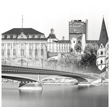 Schwarz-Weiß-Foto von Gebäuden und einer Brücke