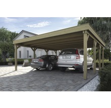 Doppelcarport aus Holz mit zwei parkenden Autos