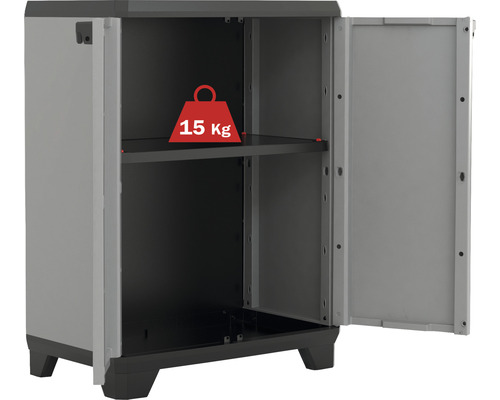 Kunststoffschrank mit zwei Regalböden und einer Traglast von 15 Kilogramm