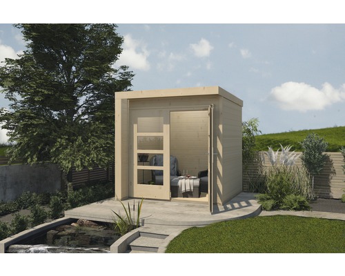 Gartenhaus weka Designhaus 262 A inkl. Fußboden 213 x 216 cm natur Modernes Gartenhaus mit Glasfront und offener Tür auf einer Gartenterrasse.
