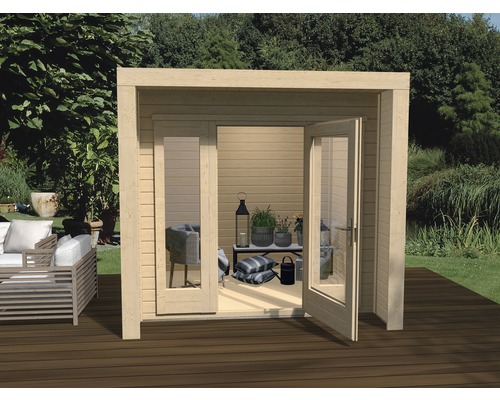 Gartenhaus weka Design 263 Gr. 1 inkl. Fußboden 245 x 250 cm natur Gartenhaus mit offener Doppeltür auf einer Holzterrasse im Garten.