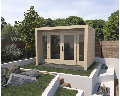 Gartenhaus weka Design 263 Gr. 2 inkl. Fußboden 305 x 250 cm natur Gartenhaus mit Doppeltür und Glasfront in einem Garten
