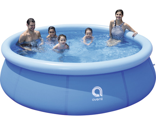 Aufblasbarer Pool mit Familie im Wasser und Avenli Logo.