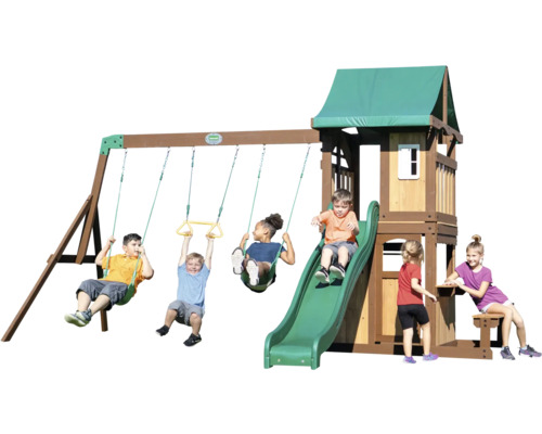 Kinderspielplatz mit Schaukeln, Rutsche und Spielhaus für den Garten