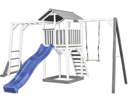 Spielturm axi Beach 446 x 349 cm Holz grau inkl. Kletterwand, Schaukel blau Spielturm mit Rutsche, Schaukel und Klettergerüst