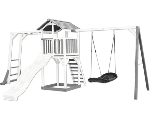 Spielturm axi Beach 519 x 349 cm Holz weiß inkl. Kletterwand und Nestschaukel Spielplatz mit Rutsche, Schaukel und Klettergerüst