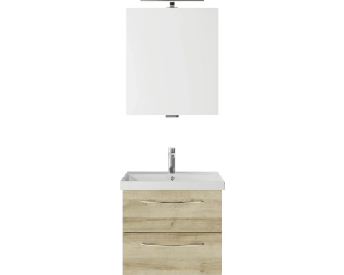 Badmöbelset 3-teilig Pelipal Serie 4035 BxHxT 60 x 200 x 45 cm Frontfarbe eiche riviera mit Waschtisch Keramik weiß und Keramik-Waschtisch Waschtischunterschrank Spiegel mit LED-Beleuchtung Griff chrom glanz 40350600112470 Waschtisch mit Unterschrank und Spiegelschrank für das Badezimmer