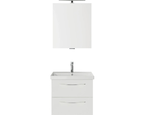 Badmöbelset 3-teilig Pelipal Serie 4035 BxHxT 60 x 200 x 45 cm Frontfarbe weiß mit Waschtisch Keramik weiß und Keramik-Waschtisch Waschtischunterschrank Spiegel mit LED-Beleuchtung Griff chrom glanz 40350600112150 Weißer Waschtisch mit zwei Schubladen, Waschtischarmatur und Spiegel
