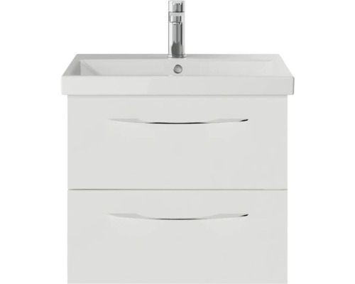 Waschtischunterschrank mit zwei Schubladen und einem Waschbecken mit Armatur.