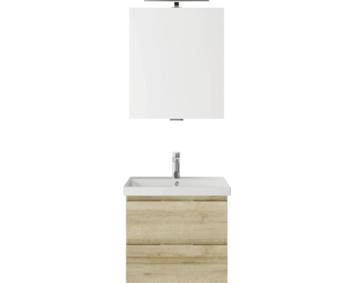 Badmöbelset 3-teilig Pelipal Serie 4035 BxHxT 60 x 200 x 45 cm Frontfarbe eiche riviera mit Waschtisch Keramik weiß und Keramik-Waschtisch Waschtischunterschrank Spiegel mit LED-Beleuchtung 40350600122470 Waschtischkombination mit Spiegel und Unterschrank im Holzdekor