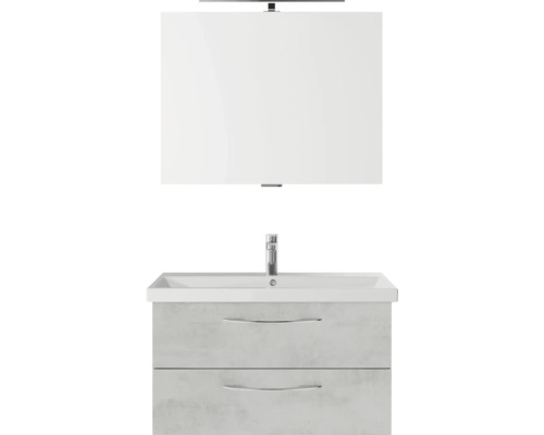 Badmöbelset 3-teilig Pelipal Serie 4035 BxHxT 90 x 200 x 43,5 cm Frontfarbe grau mit Waschtisch Keramik weiß und Keramik-Waschtisch Waschtischunterschrank Spiegel mit LED-Beleuchtung Griff chrom glanz 40350900112030 Waschtisch mit zwei Schubladen, Waschbecken und Spiegel zur Badezimmerausstattung