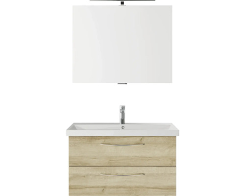 Badmöbelset 3-teilig Pelipal Serie 4035 BxHxT 90 x 200 x 43,5 cm Frontfarbe eiche riviera mit Waschtisch Keramik weiß und Keramik-Waschtisch Waschtischunterschrank Spiegel mit LED-Beleuchtung Griff chrom glanz 40350900112470 Waschtisch mit Unterschrank, zwei Schubladen, Aufsatzwaschbecken und Spiegel