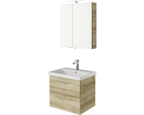 Waschtisch mit zwei Schubladen, Aufsatzwaschbecken und Spiegelschrank mit Beleuchtung