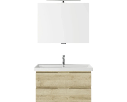 Badmöbelset 3-teilig Pelipal Serie 4035 BxHxT 90 x 200 x 43,5 cm Frontfarbe eiche riviera mit Waschtisch Keramik weiß und Keramik-Waschtisch Waschtischunterschrank Spiegel mit LED-Beleuchtung 40350900122470 Waschtisch mit Spiegel und Unterschrank mit zwei Schubladen