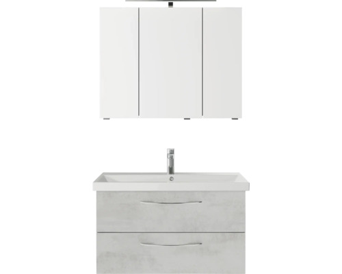 Badmöbel-Set Pelipal Serie 4035 BxHxT 90 x 200 x 45 cm Frontfarbe grau Badmöbelset 3-teilig mit Waschtisch Keramik weiß und Keramik-Waschtisch Waschtischunterschrank Spiegelschrank mit LED-Beleuchtung Waschtisch mit Waschbeckenunterschrank und Spiegelschrank für das Badezimmer
