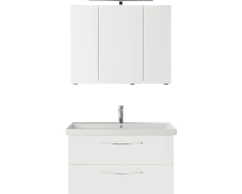 Badmöbelset 3-teilig Pelipal Serie 4035 BxHxT 90 x 200 x 45 cm Frontfarbe weiß mit Waschtisch Keramik weiß und Keramik-Waschtisch Waschtischunterschrank Spiegelschrank mit LED-Beleuchtung Griff chrom glanz 40350900111150 Weißer Waschtisch mit zwei Schubladen und Spiegelschrank mit drei Türen für das Badezimmer