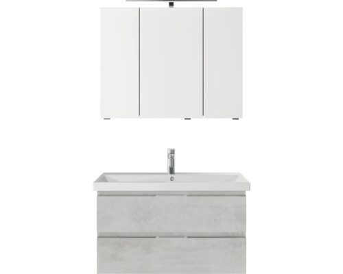 Badmöbel-Set Pelipal Serie 4035 BxHxT 90 x 200 x 43,5 cm Frontfarbe grau Badmöbelset 3-teilig mit Waschtisch Keramik weiß und Keramik-Waschtisch Waschtischunterschrank Spiegelschrank mit LED-Beleuchtung
