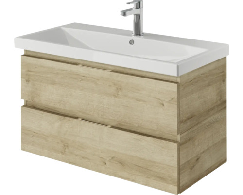 Waschbeckenunterschrank mit zwei Schubladen und einem Keramikwaschbecken