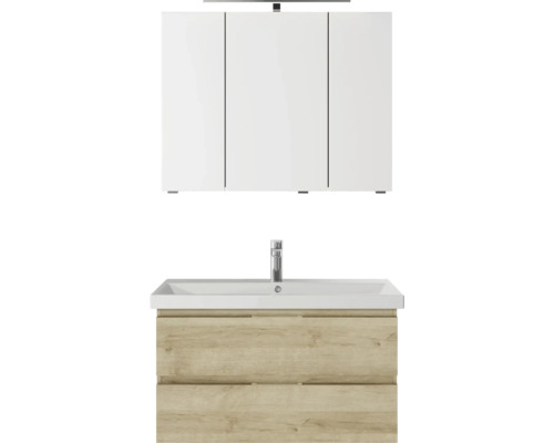 Badmöbelset 3-teilig Pelipal Serie 4035 BxHxT 90 x 200 x 45 cm Frontfarbe eiche riviera mit Waschtisch Keramik weiß und Keramik-Waschtisch Waschtischunterschrank Spiegelschrank mit LED-Beleuchtung 40350900121470 Badezimmermöbel-Set mit Waschbeckenunterschrank und Spiegelschrank