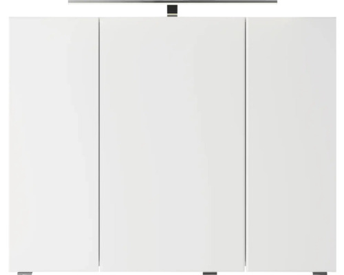 Weißer Waschbeckenunterschrank mit drei Türen und Aufsatzleuchte