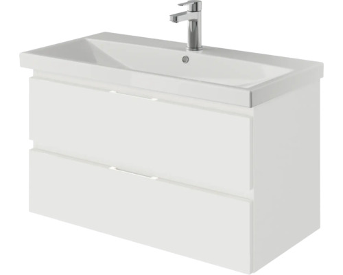 Weißer Waschtisch mit zwei Schubladen und Armatur