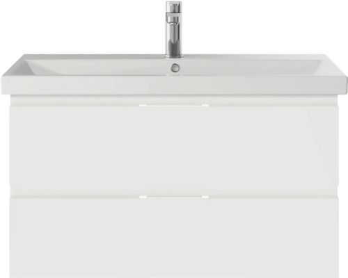 Weißer Waschtisch mit zwei Schubladen und Aufsatzwaschbecken