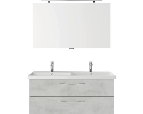 Badmöbelset 3-teilig Pelipal Serie 4035 BxHxT 120 x 200 x 45 cm Frontfarbe grau mit Waschtisch Keramik weiß und Keramik-Doppelwaschtisch Waschtischunterschrank Spiegel mit LED-Beleuchtung Griff chrom glanz 40351200112030 Waschtisch mit zwei Waschbecken, Unterschrank und Spiegel für das Badezimmer