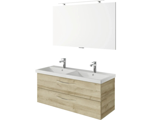 Waschtisch mit zwei Waschbecken, Unterschrank und Spiegel für das Badezimmer