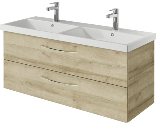 Waschtischunterschrank mit zwei Waschbecken und zwei Schubladen in Holzoptik