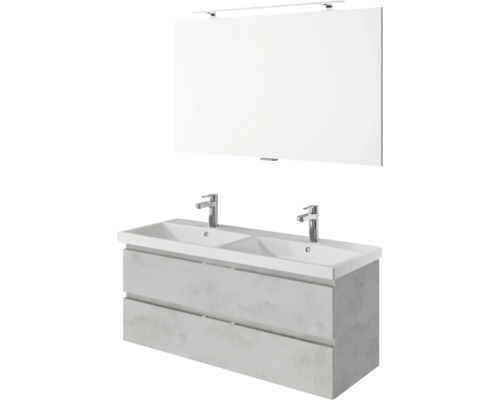 Badezimmerset mit Waschtischunterschrank, zwei Waschbecken und Spiegel