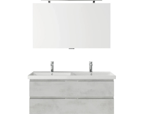 Badmöbel-Set Pelipal Serie 4035 BxHxT 120 x 200 x 45 cm Frontfarbe grau Badmöbelset 3-teilig mit Waschtisch Keramik weiß und Keramik-Doppelwaschtisch Waschtischunterschrank Spiegel mit LED-Beleuchtung