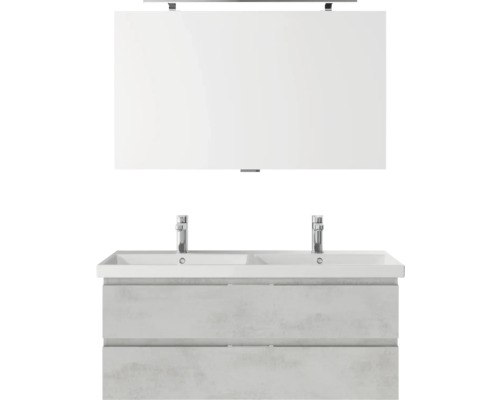 Badmöbelset 3-teilig Pelipal Serie 4035 BxHxT 120 x 200 x 45 cm Frontfarbe grau mit Waschtisch Keramik weiß und Keramik-Doppelwaschtisch Waschtischunterschrank Spiegel mit LED-Beleuchtung 40351200122030 Doppelwaschtisch mit Unterschrank und Spiegel für das Badezimmer