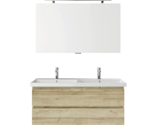 Badmöbel-Set Pelipal Serie 4035 BxHxT 120 x 200 x 45 cm Frontfarbe eiche riviera Badmöbelset 3-teilig mit Waschtisch Keramik weiß und Keramik-Doppelwaschtisch Waschtischunterschrank Spiegel mit LED-Beleuchtung
