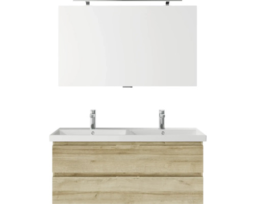 Badmöbelset 3-teilig Pelipal Serie 4035 BxHxT 120 x 200 x 45 cm Frontfarbe eiche riviera mit Waschtisch Keramik weiß und Keramik-Doppelwaschtisch Waschtischunterschrank Spiegel mit LED-Beleuchtung 40351200122470 Doppelwaschtisch mit Unterschrank und Spiegel für das Badezimmer