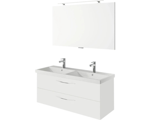 Waschtisch mit zwei Waschbecken, Unterschrank und Spiegel für das Badezimmer