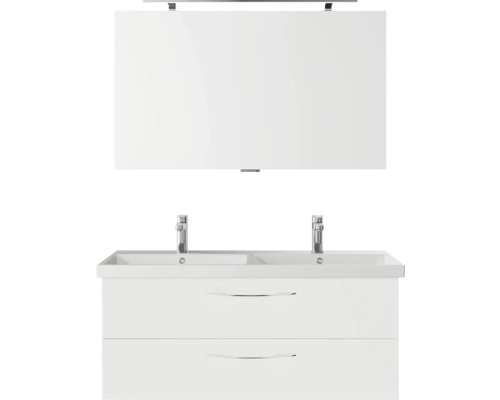 Badmöbelset 3-teilig Pelipal Serie 4035 BxHxT 120 x 200 x 45 cm Frontfarbe weiß mit Waschtisch Keramik weiß und Keramik-Doppelwaschtisch Waschtischunterschrank Spiegel mit LED-Beleuchtung Griff chrom glanz 40351200112150 Weißer Waschtisch mit zwei Schubladen und Spiegel für das Badezimmer