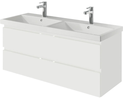 Weißer Waschtischunterschrank mit zwei Waschbecken und zwei Armaturen