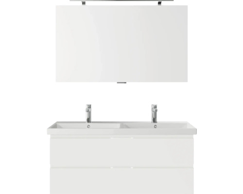 Badmöbel-Set Pelipal Serie 4035 BxHxT 120 x 200 x 45 cm Frontfarbe weiß Badmöbelset 3-teilig mit Waschtisch Keramik weiß und Keramik-Doppelwaschtisch Waschtischunterschrank Spiegel mit LED-Beleuchtung