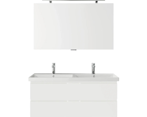 Badmöbelset 3-teilig Pelipal Serie 4035 BxHxT 120 x 200 x 45 cm Frontfarbe weiß mit Waschtisch Keramik weiß und Keramik-Doppelwaschtisch Waschtischunterschrank Spiegel mit LED-Beleuchtung 40351200122150 Waschtisch mit Doppelwaschbecken und Spiegel für das Badezimmer