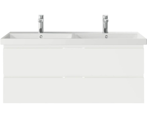 Doppelwaschtisch mit Unterschrank und zwei Armaturen