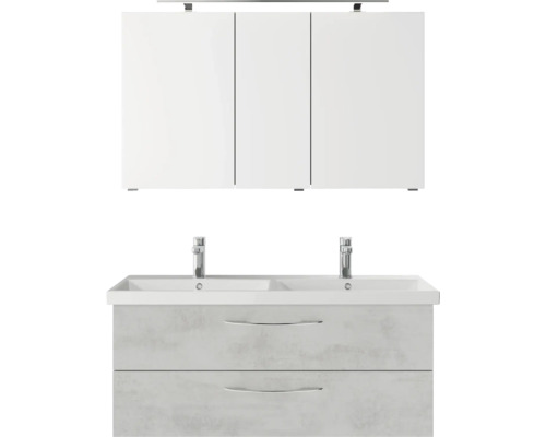 Badmöbel-Set Pelipal Serie 4035 BxHxT 120 x 200 x 45 cm Frontfarbe grau Badmöbelset 3-teilig mit Waschtisch Keramik weiß und Keramik-Doppelwaschtisch Waschtischunterschrank Spiegelschrank mit LED-Beleuchtung
