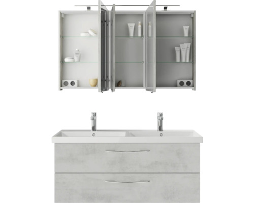 Badmöbelset bestehend aus Waschtischunterschrank und Spiegelschrank mit mehreren Fächern