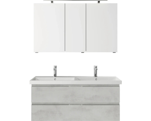 Badmöbel-Set Pelipal Serie 4035 BxHxT 120 x 200 x 45 cm Frontfarbe grau Badmöbelset 3-teilig mit Waschtisch Keramik weiß und Keramik-Doppelwaschtisch Waschtischunterschrank Spiegelschrank mit LED-Beleuchtung